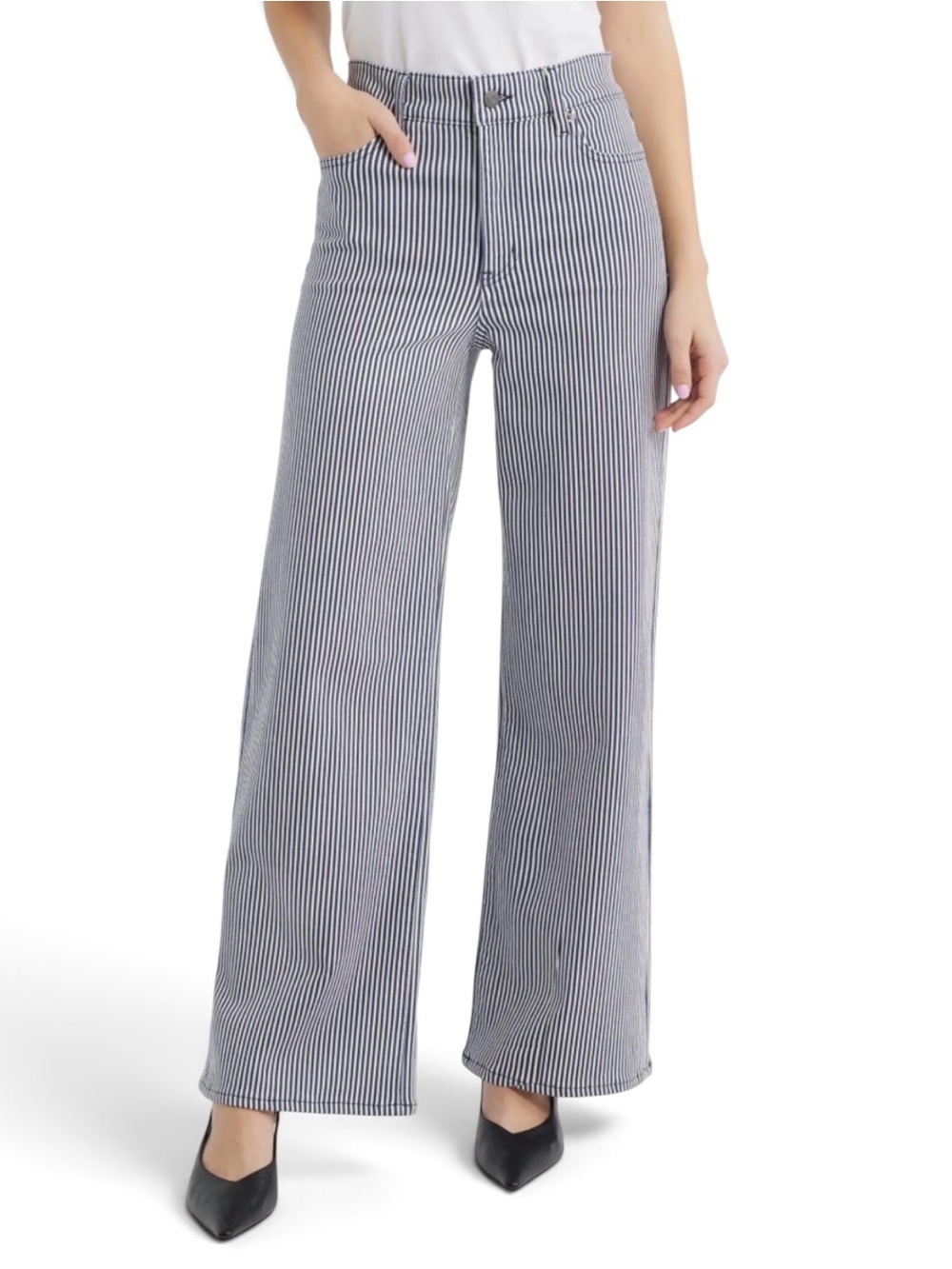 NWT Frame Le Slim Palazzo Striped High Waist Wide Leg Jeans In Navy Stripe - 26